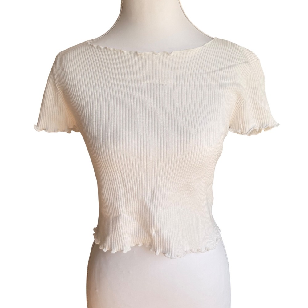 Brandy Melville‎ White Ribbed Lettuce Trim Crop Top Short Sleeve Tee White OSFA